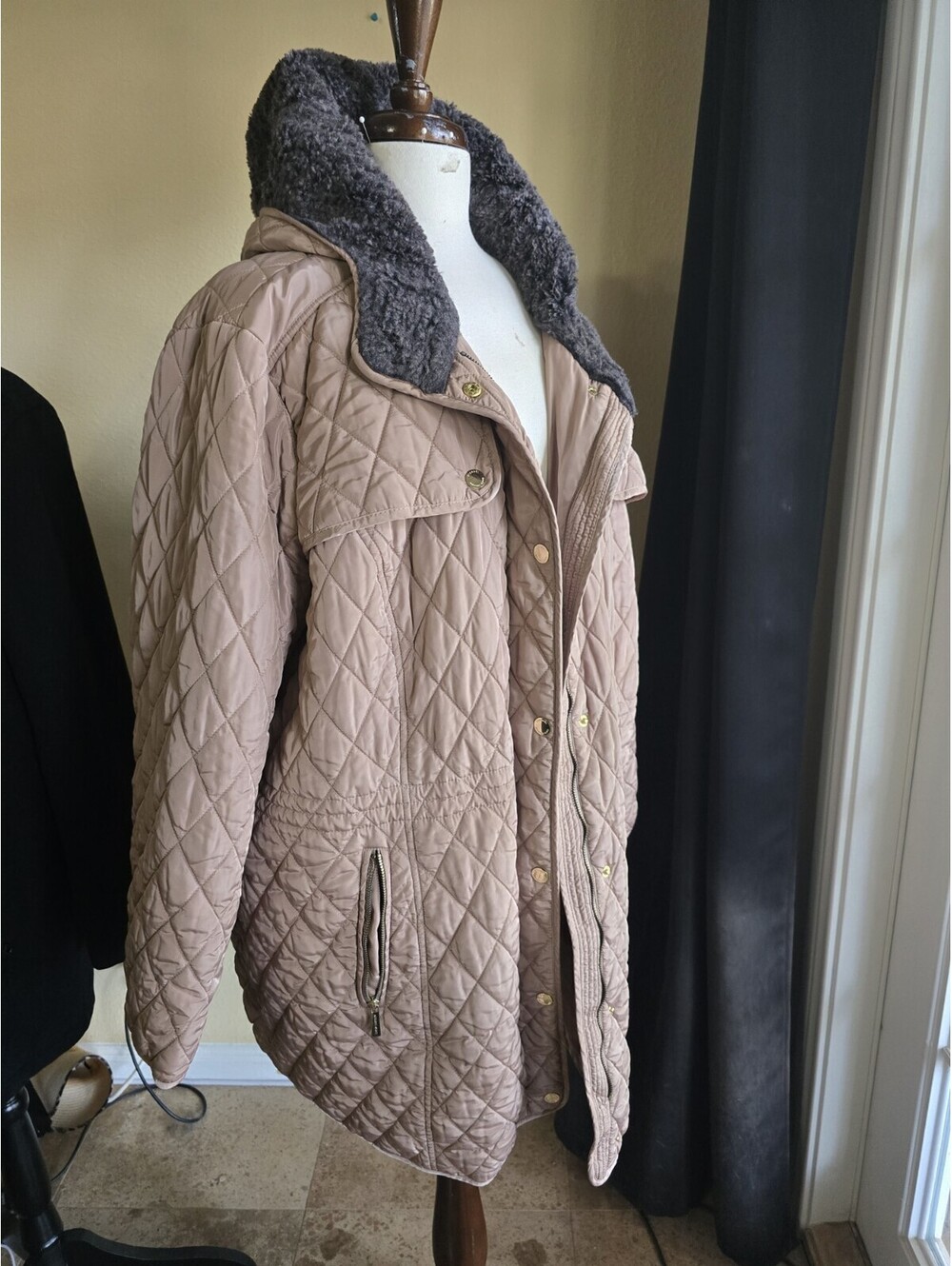 Michael Kors Women 3XL Quilted Coat Taupe Sherpa Collar Hooded Jacket Gold SZ3XL